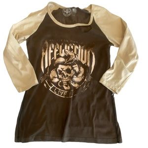 NEW Affliction women’s baseball sleeve shirt cold shoulder live fast size L